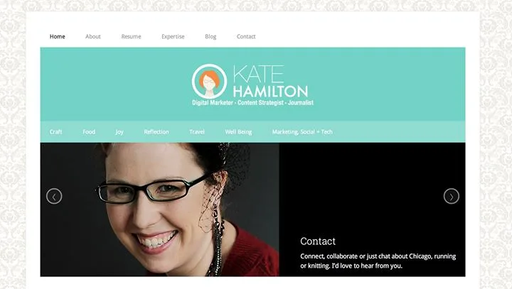 katemhamilton.com homepage with the first turquoise design