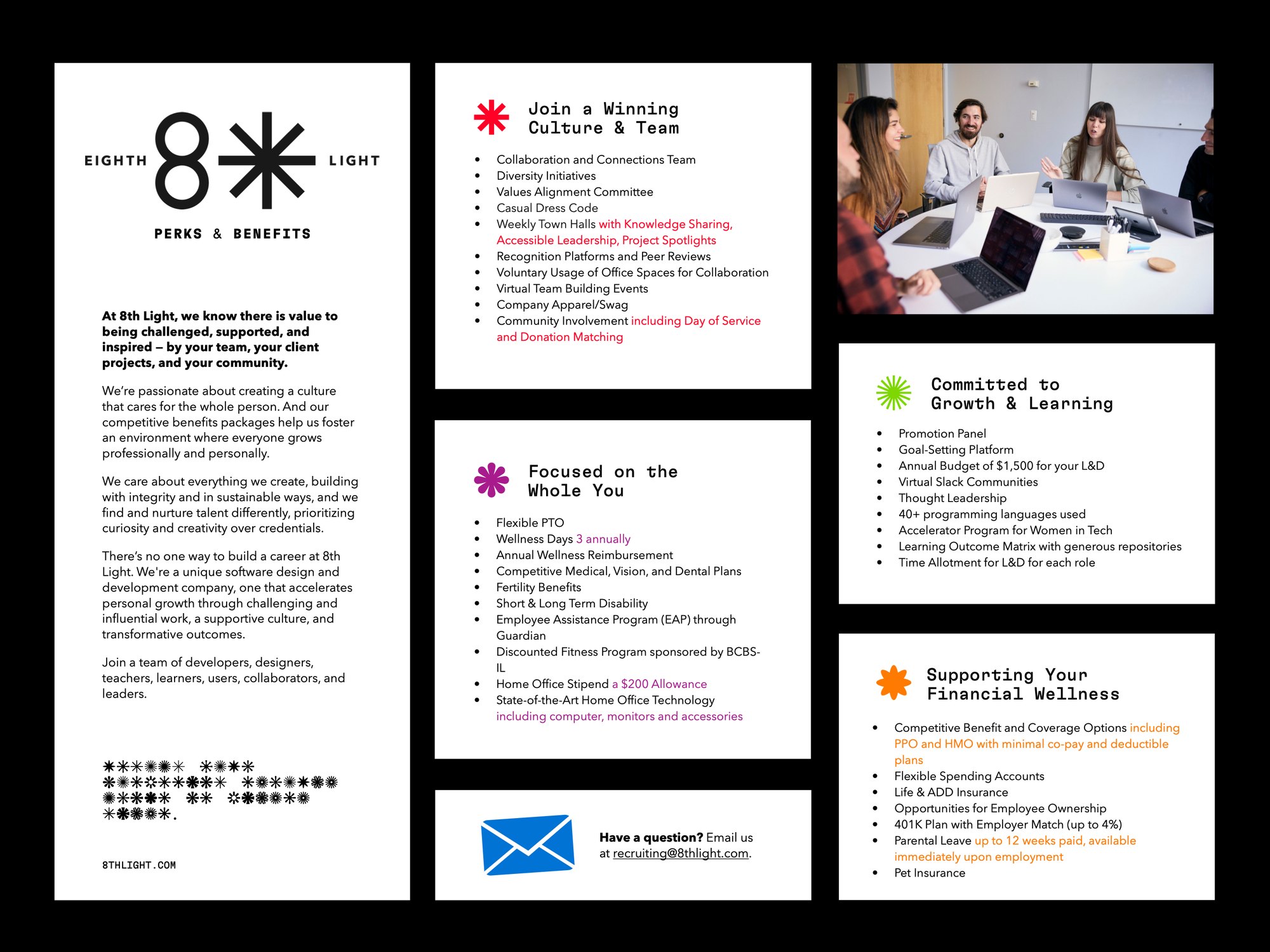 8th Light perks and benefits one-pager for candidates, 2022