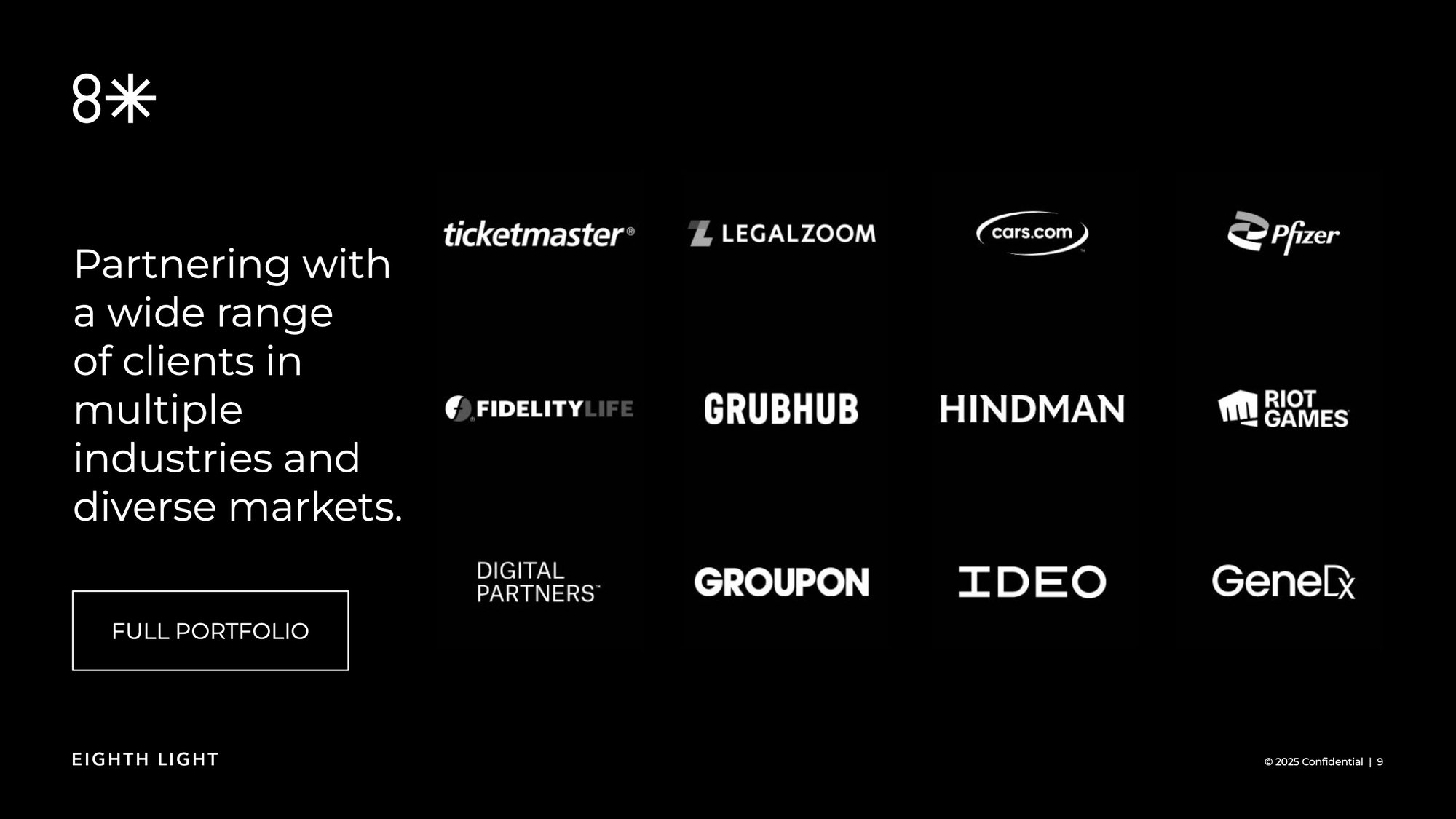 8th Light client logos including Ticketmaster, LegalZoom, Cars.com, Pfizer, Fidelity and Grubhub