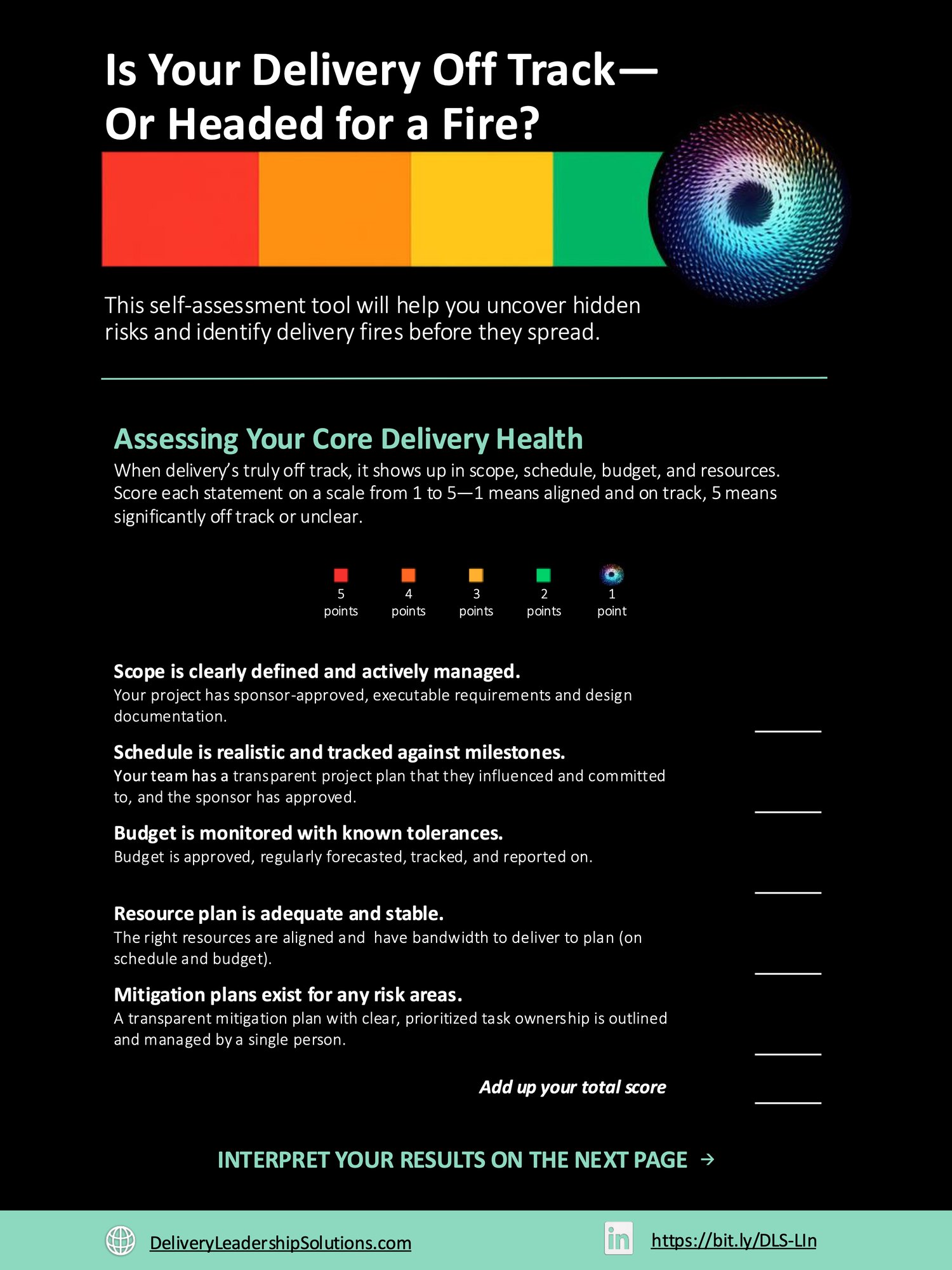Page one of the DLS Delivery Health Check: five statements on scope, schedule, budget, resources and risk, each scored from 1 to 5