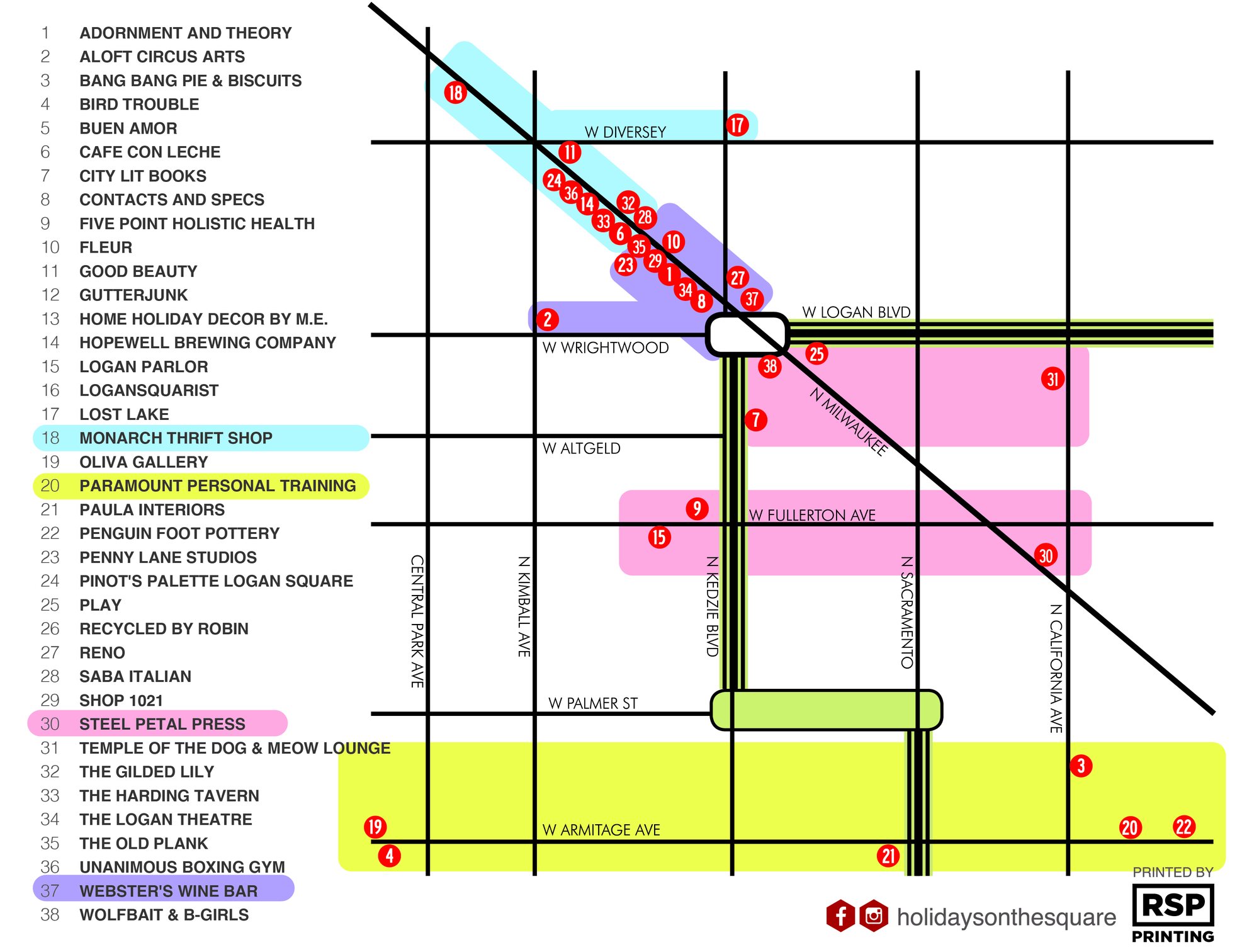 The 2019 Holidays on the Square poster and map of participating businesses