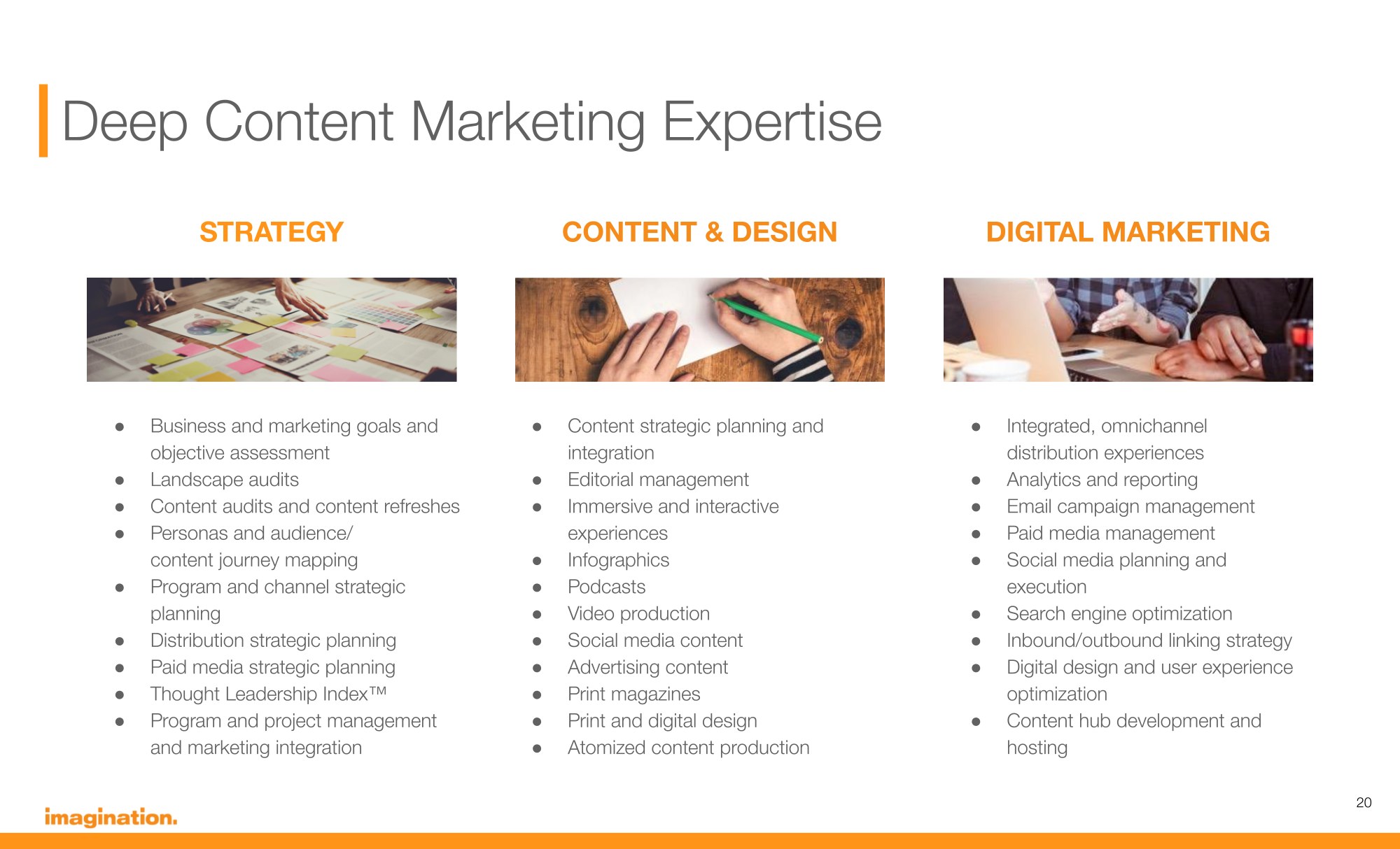 Capabilities slide grouping services under strategy, content and design, and digital marketing