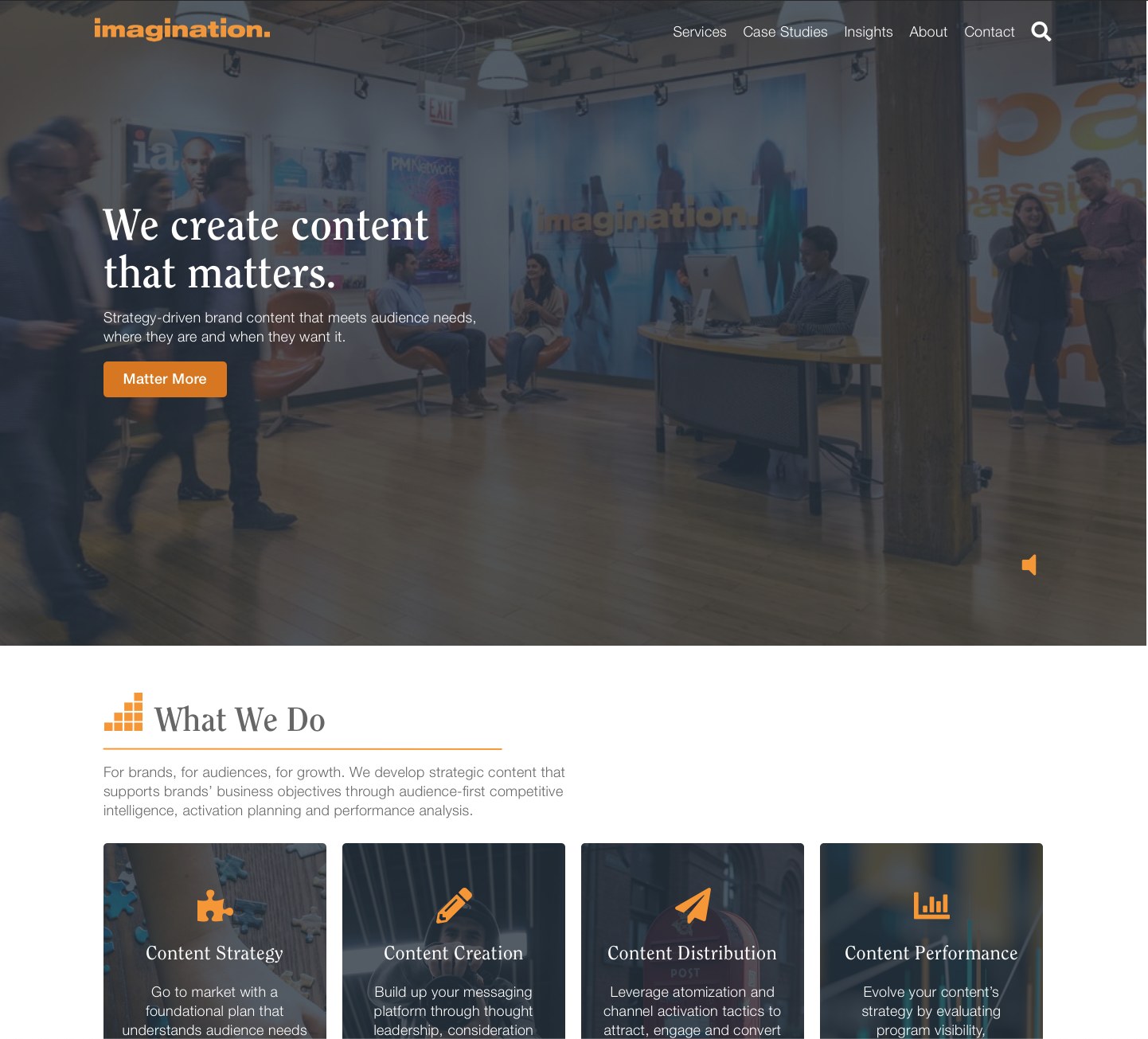 Homepage of the redesigned 2021 Imagination site: We create content that matters