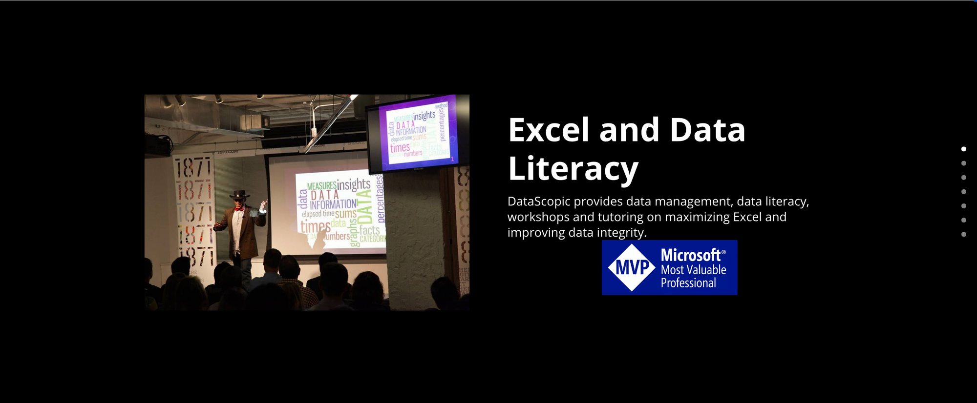 Datascopic homepage banner: Oz du Soleil on stage teaching Excel and data literacy
