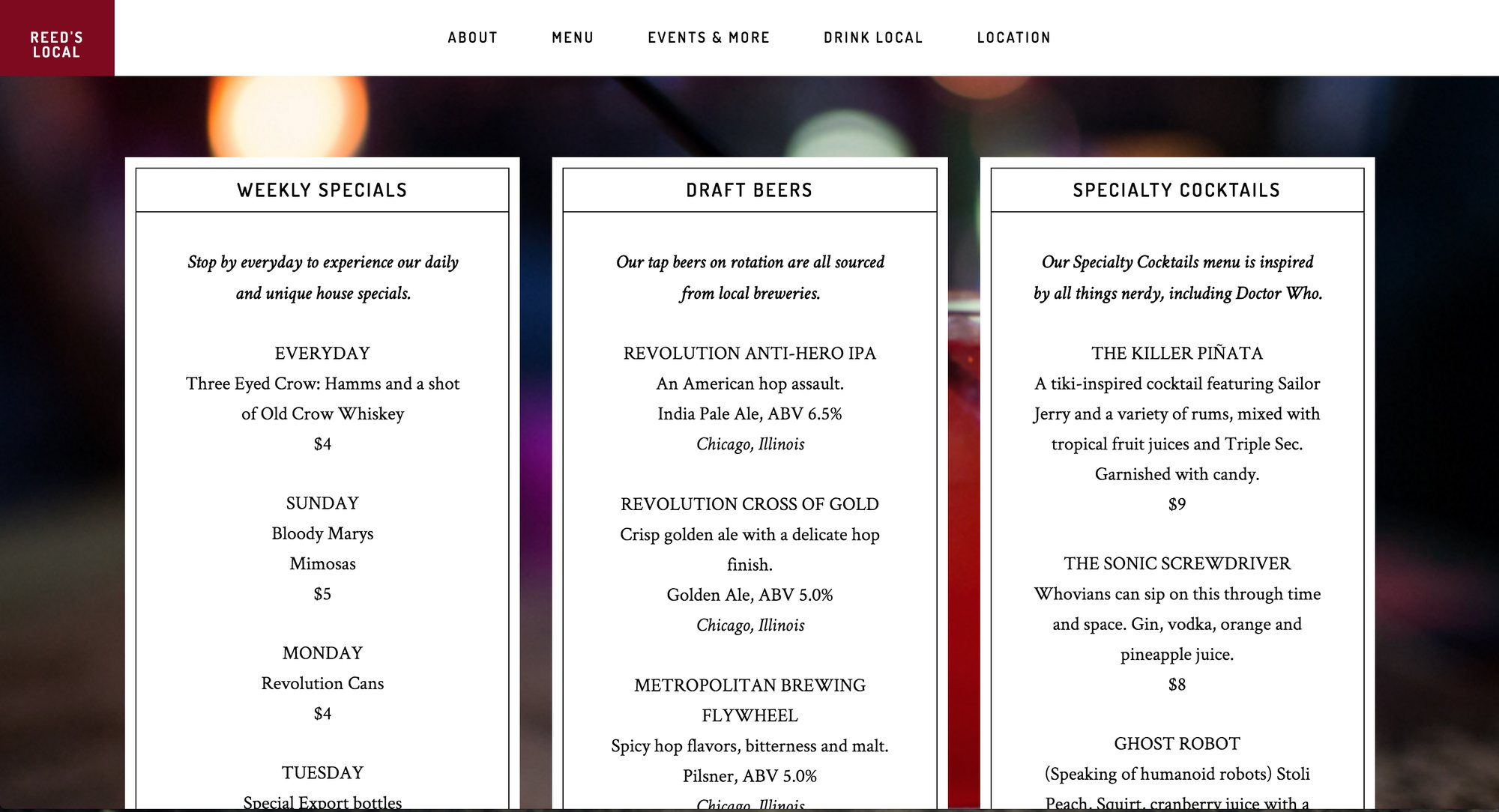 Reed's Local menu page