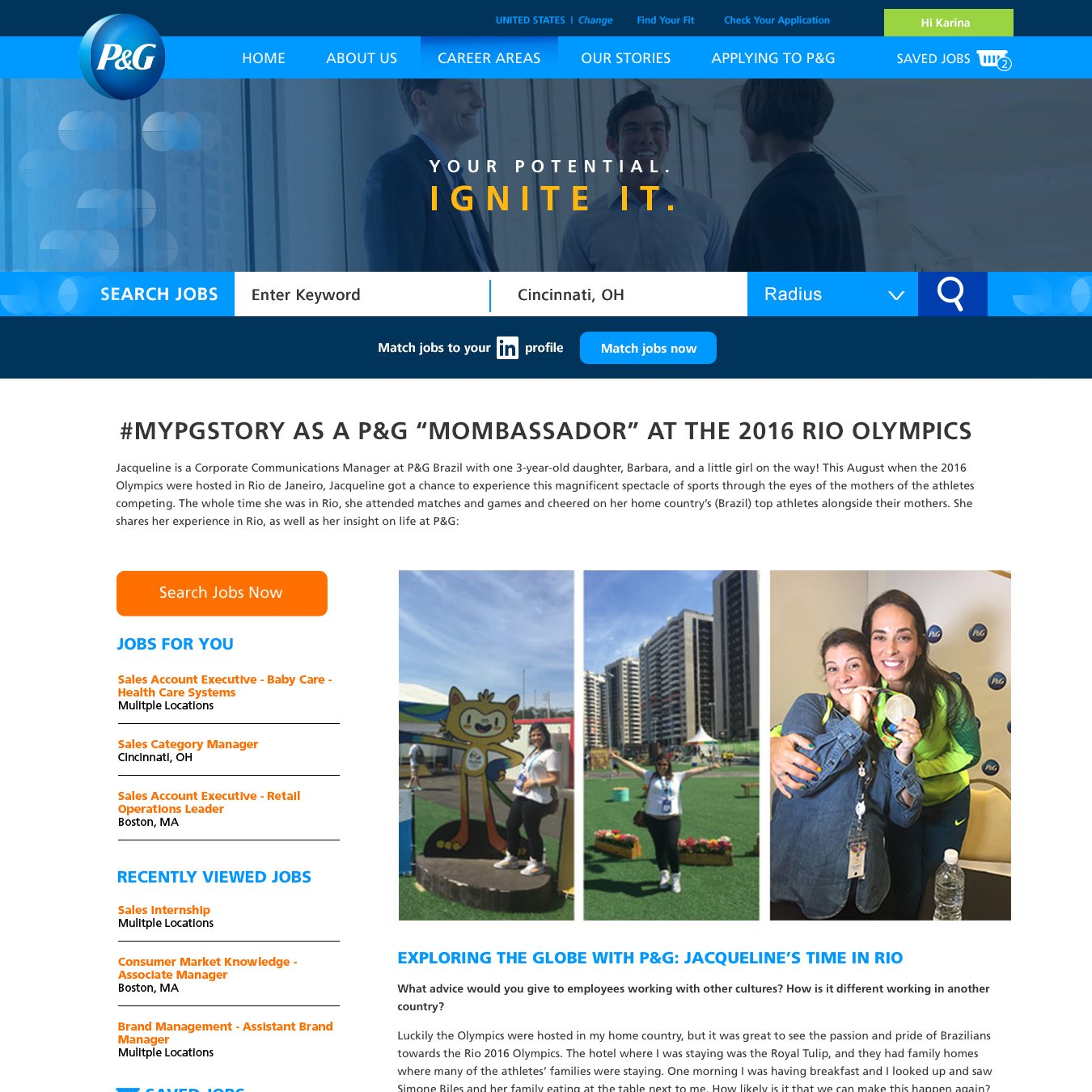 Desktop design for a P&G careers content page