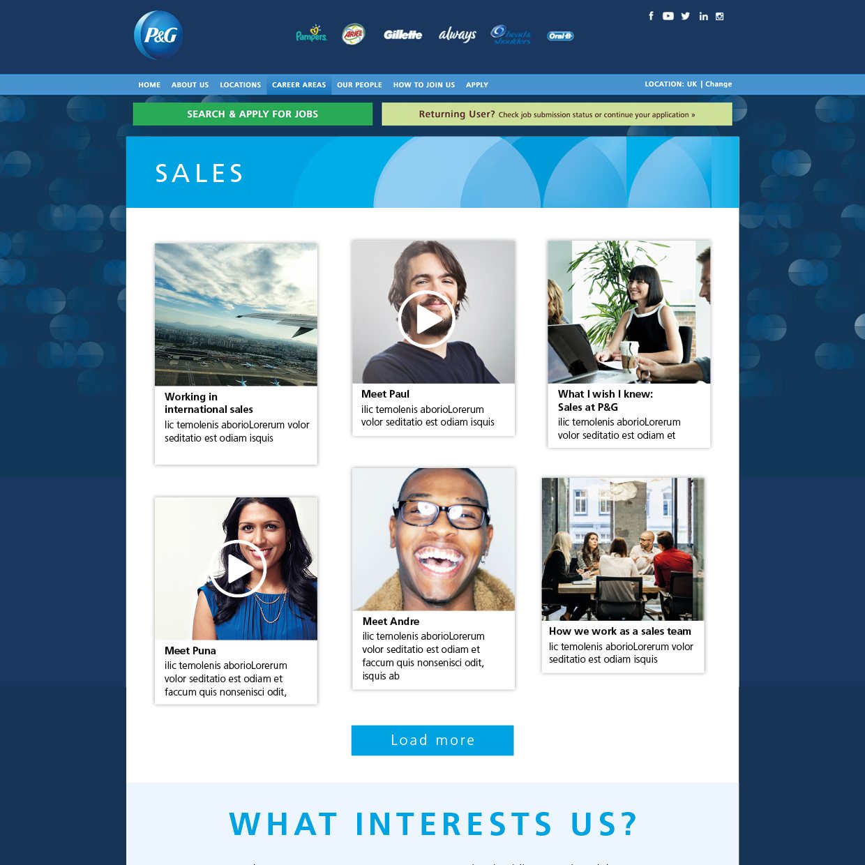 P&G careers site landing page design