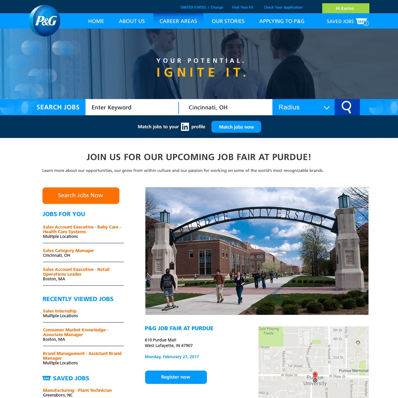 Desktop design for a P&G careers events page