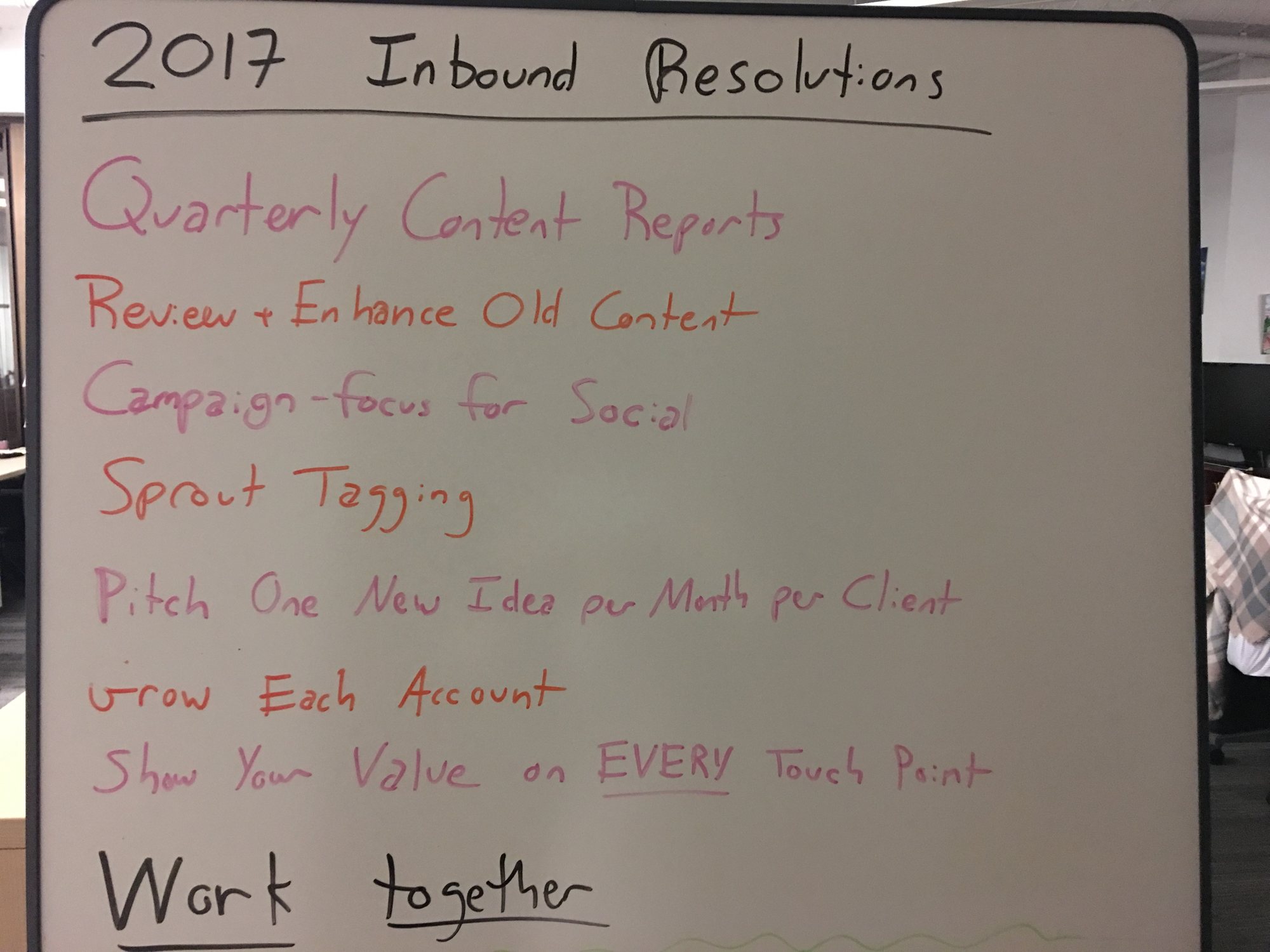 Whiteboard of the content team's 2017 resolutions, including pitching one new idea per client each month