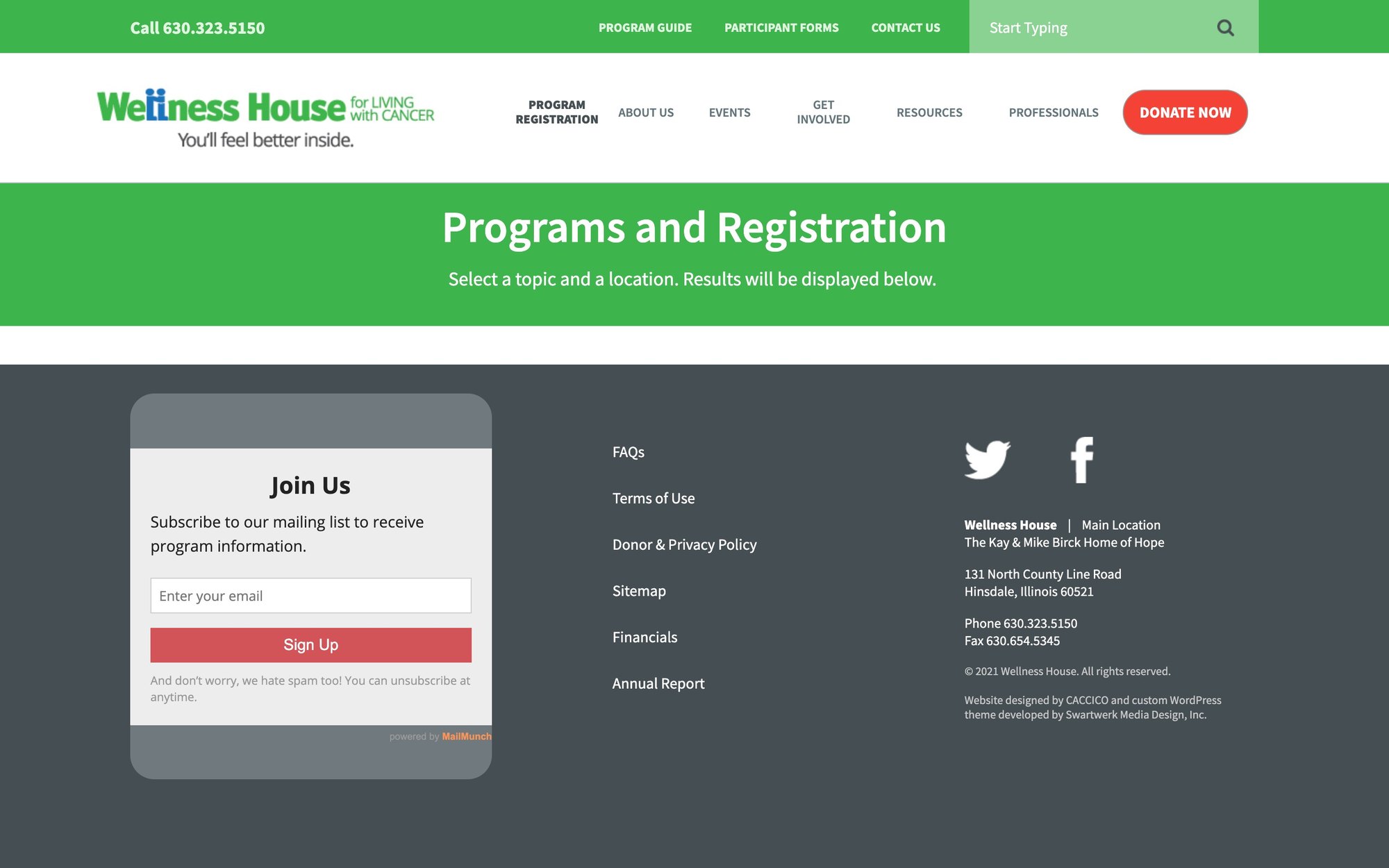 The old Wellness House programs and registration page, which sent visitors elsewhere to register