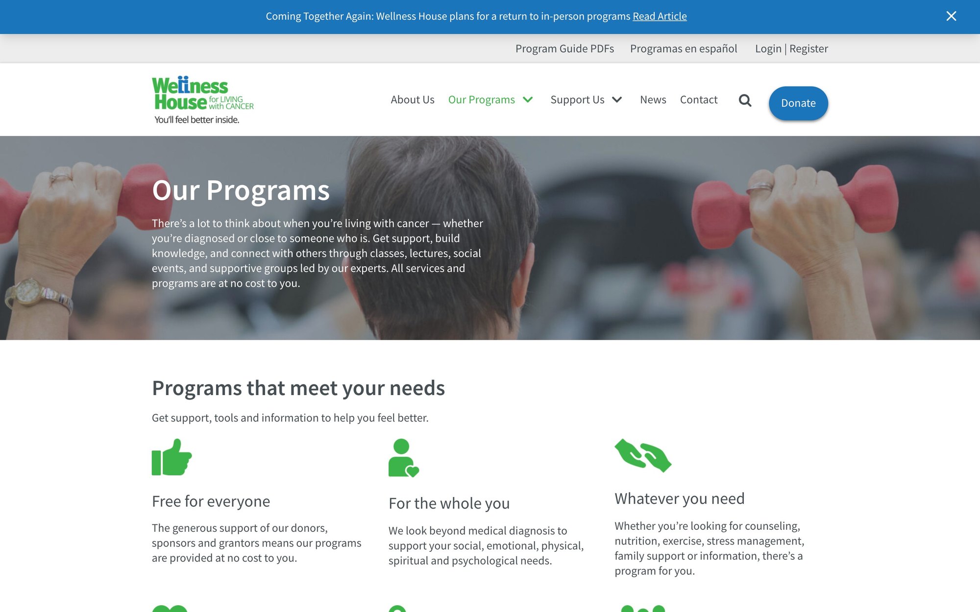 The redesigned Wellness House Our Programs page