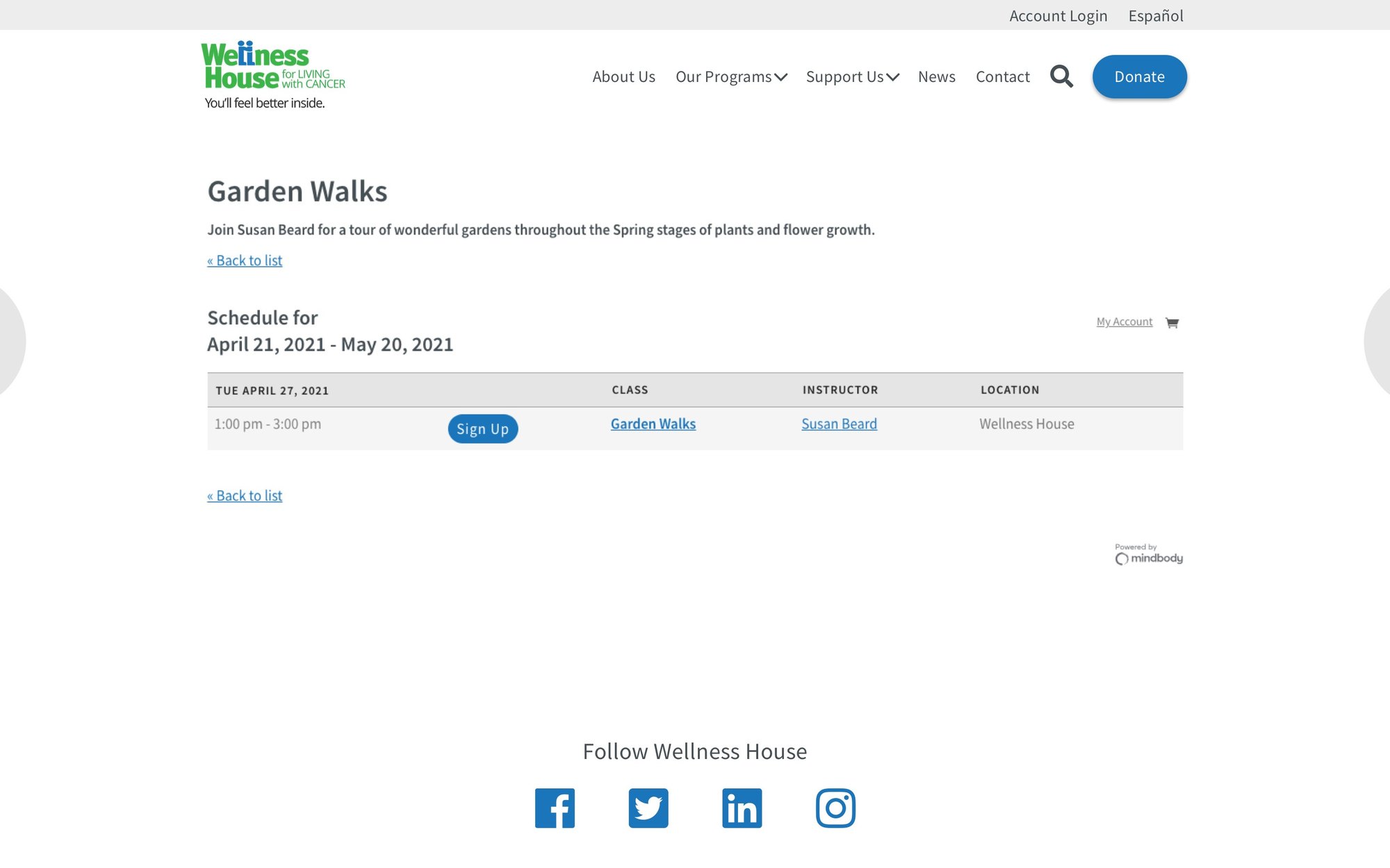 Wellness House program page design with the class schedule and sign-up on the page