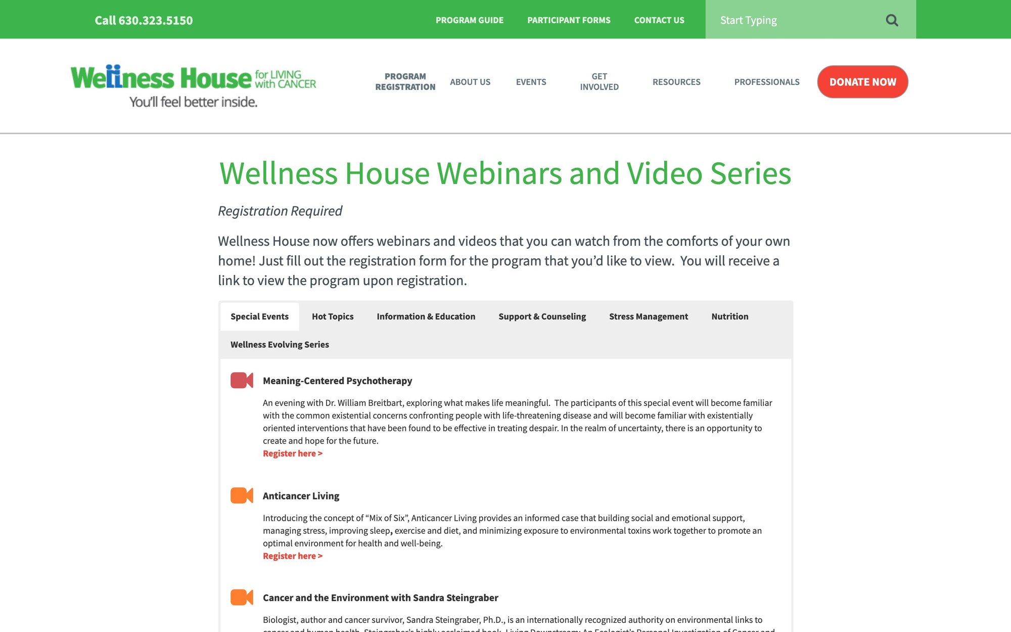 The Wellness House webinars page before the redesign