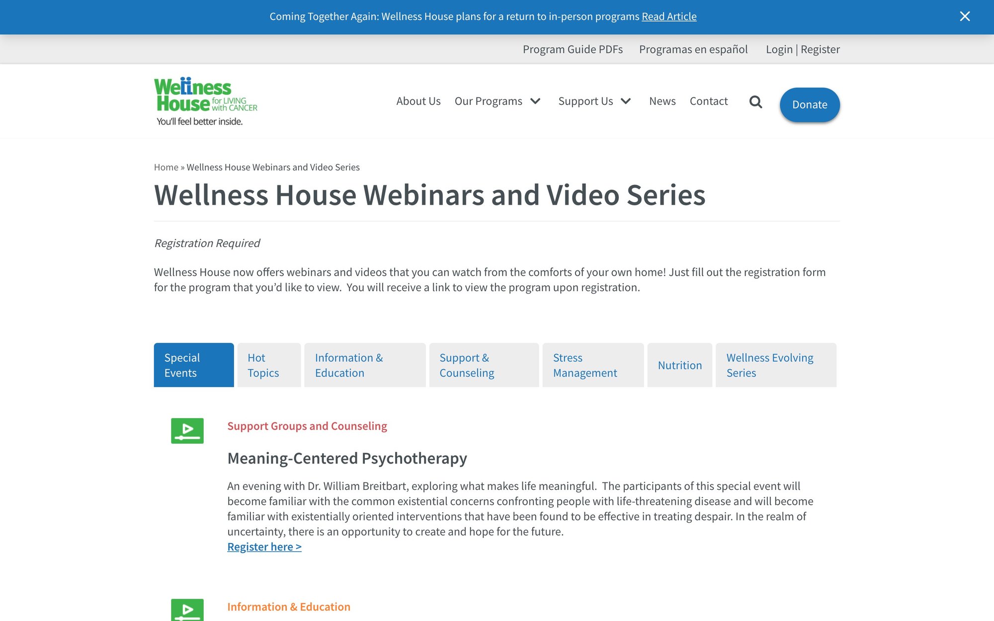 The redesigned Wellness House webinars and videos page