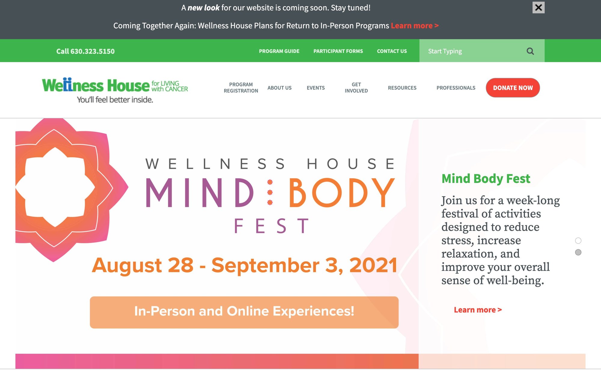 The Wellness House homepage before the redesign, 2021, with a Mind Body Fest banner and three ways to get started