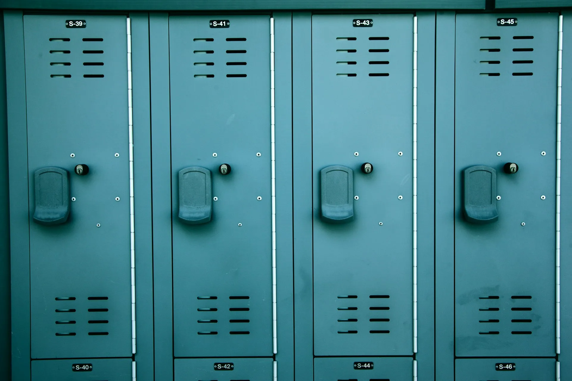 Teal lockers in uniform rows symbolizing structure and business clarity.